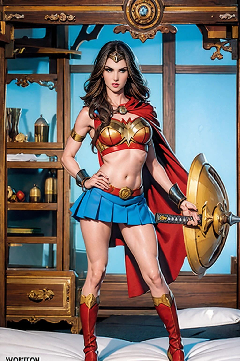 ((full body photo, standing)) masterpiece, best quality, 1girl, veronica, (((full body photo))) 1 girl, Wonder Woman, bracelet, black hair, blurred, armband, breathing, cape, cowboy shot, depth of field, restraint, gun restraint, lasso, looking at viewer , parted lips, pommel, realistic, reverse grip, shield, skirt, snow, neveing, alone, superhero, sword, tiara, toned, weapon, weapon behind back, ((work of art))
