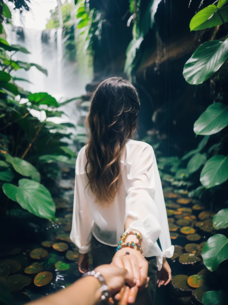 bf_holding_hands, walking in waterfall in dense jungle, rainbow,
detailed,8k, detailed shadow, 1 botomless plum girl, long hair, ombre blonde hair, white transparent shirt, jewelry ,(masterpiece,best quality),