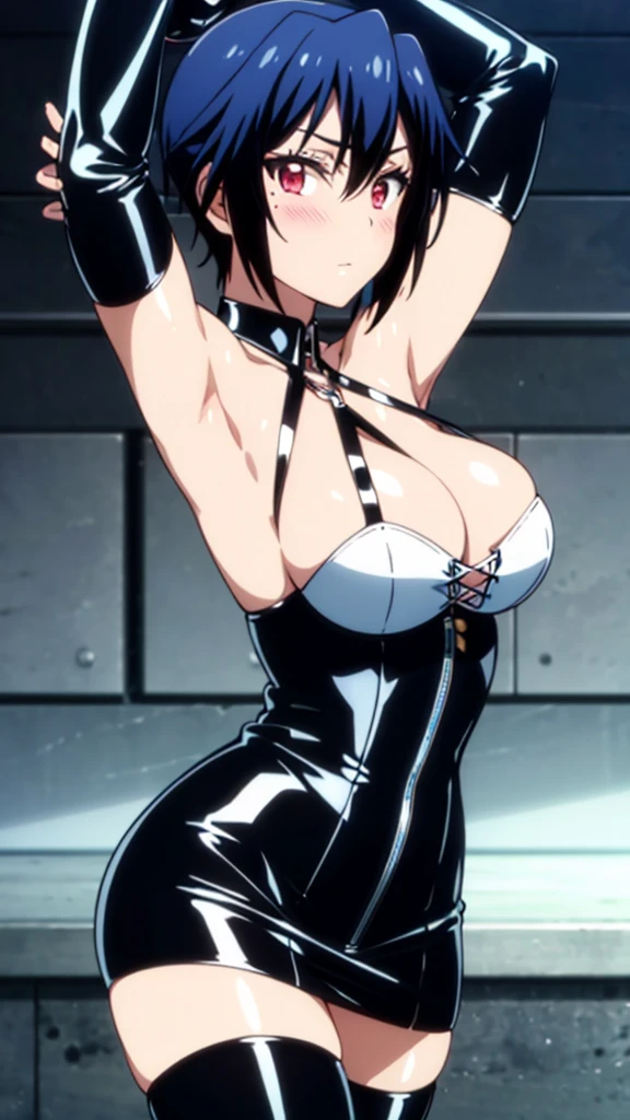 masterpiece, highest quality, High resolution, highly detailed face, Detailed CG, blue hair, red eyes, short hair,large breasts, (Long gloves covered in black latex all the way to the fingertips), (Black latex corset dress), (Halter neck corset dress), (Black latex tight mini skirt), (Black thigh-high boots),blush, stylish pose, stylish angle, looking at the viewer, in the center of the image, cowboy shot, arms up, armpits visible, detailed armpits