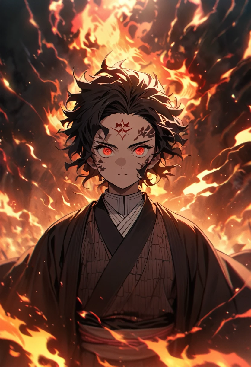 Symmetric,Absurd, High resolution, Super detailed, High resolution, masterpiece, Highly detailed face and eyes, tanjiro kamado, Kimetsu no Yaiba,,Black Hair , , alone, male, good looking,Forehead mark ,, , Epic battle scenes,fiery red lightning effect, Shining Sparkle, , Flame effect, Fire aura effect,Iris, Flame Splash, Surrounded by fiery energy