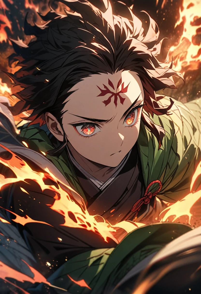Symmetric,Absurd, High resolution, Super detailed, High resolution, masterpiece, Highly detailed face and eyes, tanjiro kamado, Kimetsu no Yaiba,,Black Hair , , alone, male, good looking,Forehead mark ,, , Epic battle scenes,fiery red lightning effect, Shining Sparkle, , Flame effect, Fire aura effect,Iris, Flame Splash, Surrounded by fiery energy