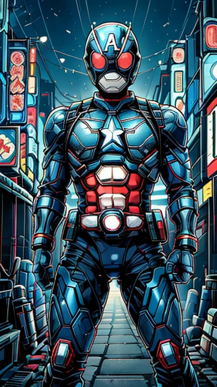 (8k),(masterpiece),(Japanese),(8-year-old boy),((innocent look)),((Childish)),From the front,smile,cute,Innocent,Kind eyes,Flat chest, blue helmet, blue domino mask, Captain America,Bald,No Hair, Henshin Pose,night,dark, Neon light cyberpunk city,Kamen rider,camisa