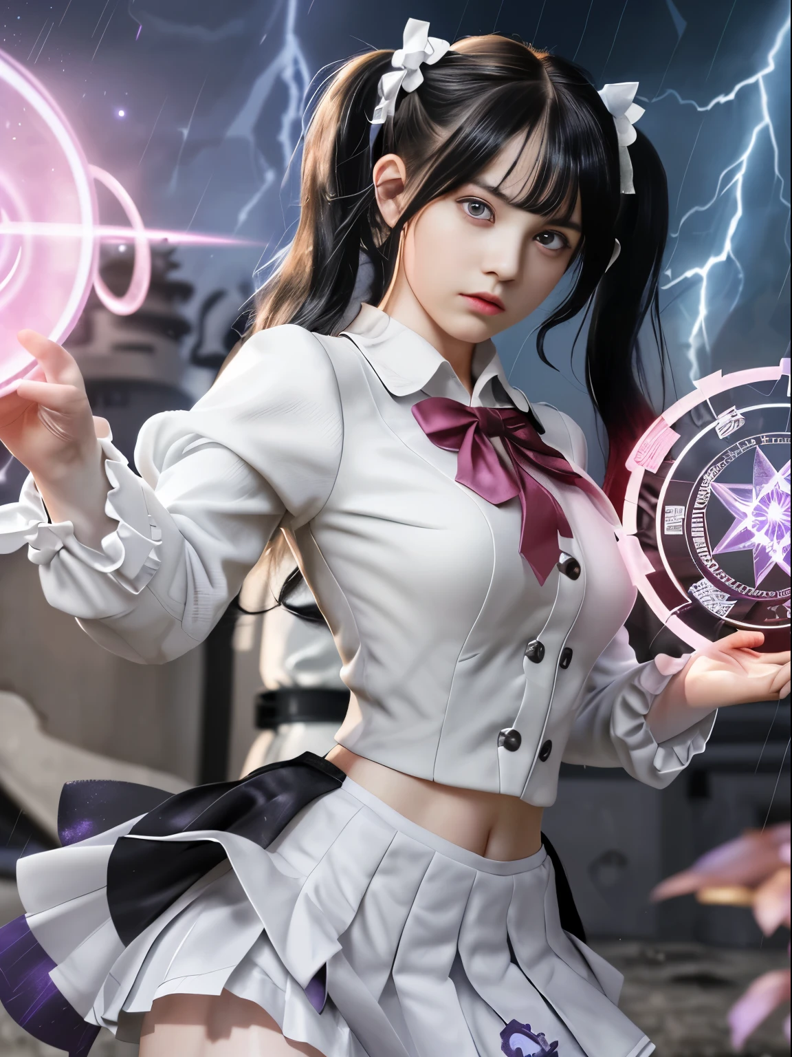 (RAW image quality:1.4)、best quality、masterpiece、ultra high resolution、(photoreal:1.4)、raw photo、Detailed CG image quality、cyberpunk、beautiful face、(1 magical girl)、16 years old, (twin tails on black hair:1.4), (머리에 White 리본), (Platinum Silver Accessories:1.4)、(White :1.4)、(big chest thin waist)、(purple eyes:1.3), (the power of shining eyes:1.2), (There is a white wizard'cane:1.4), ((cane에서 방출되는 강한 청백색 빛의 공..:1.4)), (The sound of thunder echoes from every corner of my body.:1.4)、detailed portrait、8K quality、bright colors、concept art、Cinematic and dramatic atmosphere、sharp focus、volume lighting、movie lights、Get studio quality、(neon lights)、depth of written boundaries、Environmental lighting、(shallow depth of writing)、cloudy view、blurred background:1.3, (rainy night:1.4), (((severe lightning:1.4))), ((A huge magic circle shining in pink light:1.4))、Raging Heart、