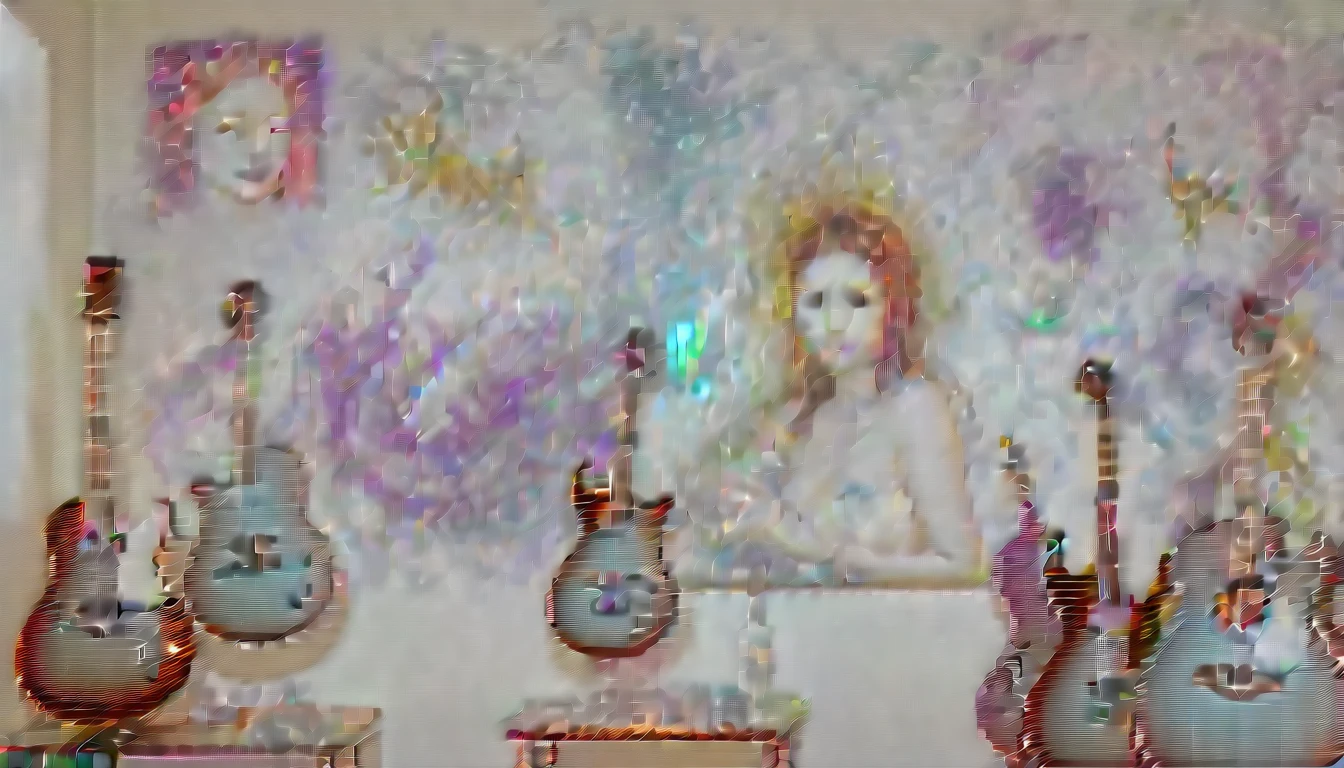 Masterpiece; Guitars and drums in a small science lab(((several science bottles around the room))); (guitars and musical keyboards inside science bottles) World map on the wall. sciencie complete with speakers and glass flasks of chemistry, embody the resilience and tenacity of the scientific community, infused with a bold graphic allure that enlivens the spirit of science. The design penetrates layers of depth, integrating the raw essence and vibrant cores of Rio de Janeiro culture.portrait of a beautiful woman on the wall. Brushstrokes that incorporate the fluid energy of graffiti on guitars and acoustic guitars weave around dynamic geometric shapes, adorning the laboratories with an evocative masterpiece that speaks to the heart of the intersection between two diverse worlds. Majestically rendered in high definition and vibrant color, every detail bursts with life, inviting viewers to marvel at the beauty that; by Salvador Dali