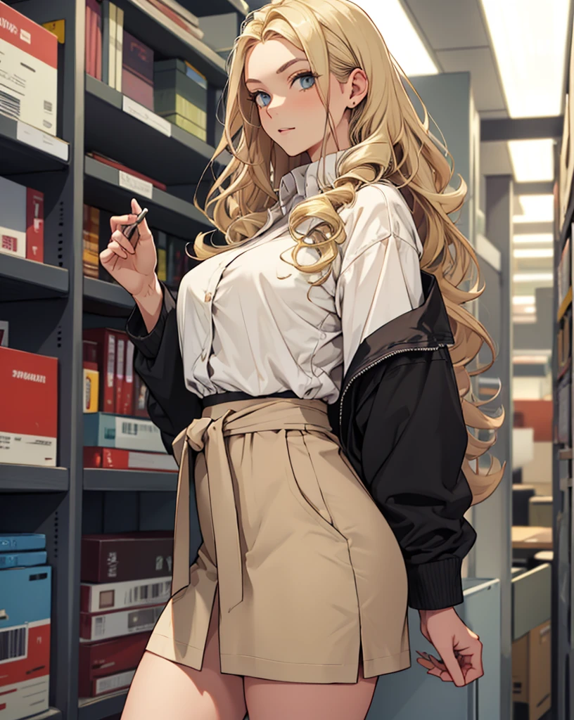 A girl. safe office outfit, can see from the waist up, Long curly hair, light blond hair, neutral, neutral face,