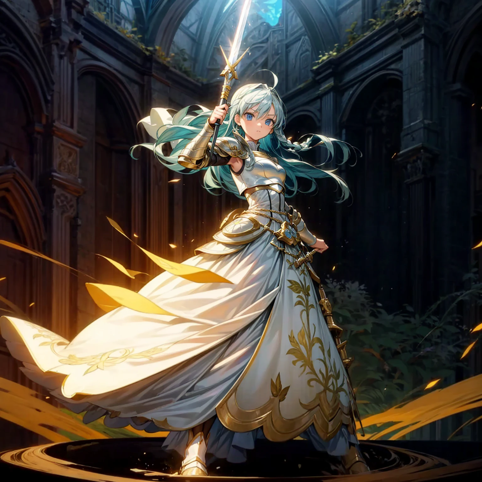 1girl, Full body version, 1character, children version, blue eyes color, long haircut, white colour hair, formal style clothing, medieval gold armour, one gold sword in hand, Grassroots, background in green field, motion blur, battle gesture, lighting sword, smoke, fire lighting, fire, masterpiece,  (Hunter x Hunter style)