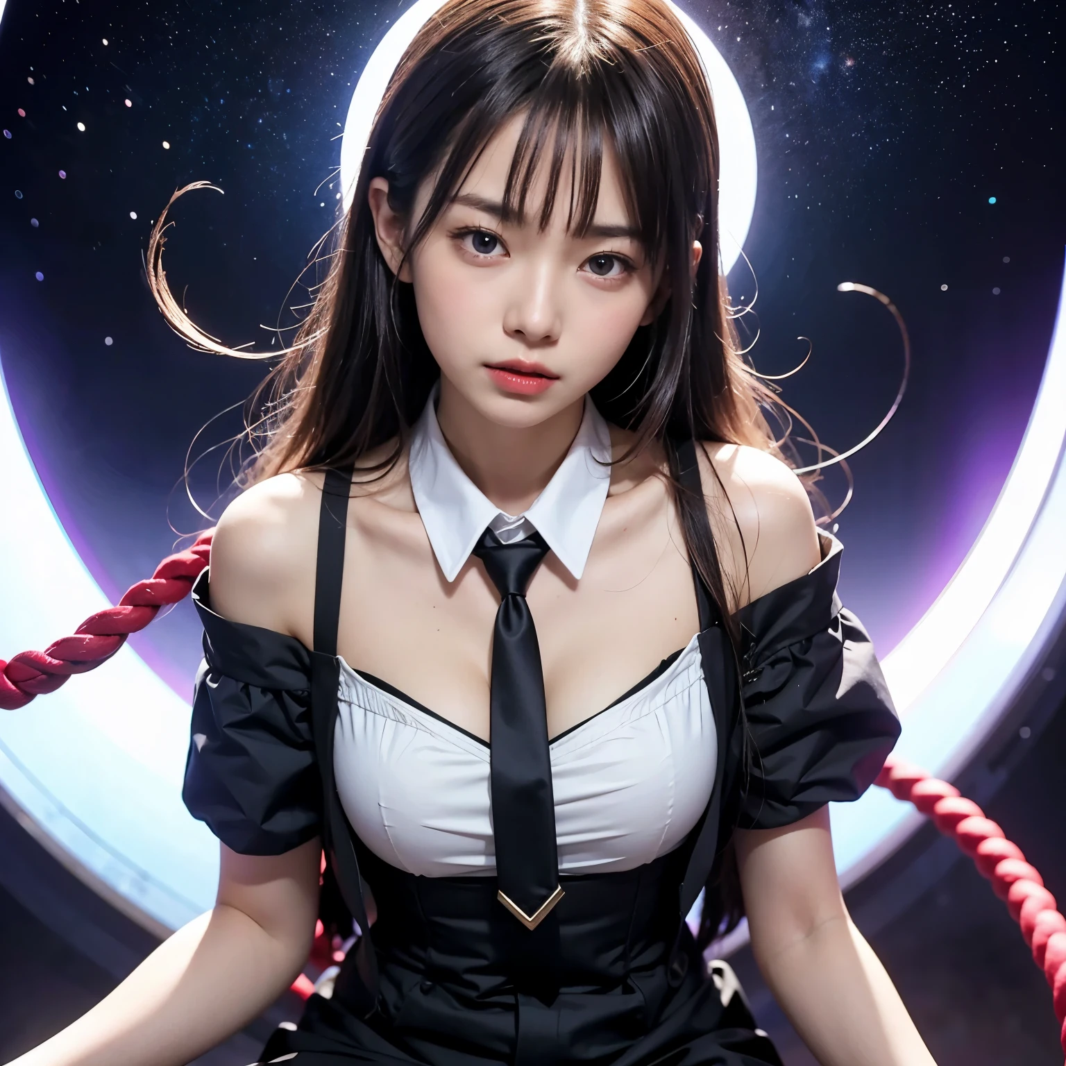 Proud Woman、Surrounded by men、chubby、Shimenawa around the neck、Hands and feet are tied to a pole with rope.、rampage、angry expression、detailed face、detailed hand、detailed legs、(pieces are flying, best quality:1.2), 8K, official art, chest、cute、wearing a suit、chestが見える、 planet, popular on cgstation, 太陽系外planet, official art, mar planet, Sakimi-chan, five fingers photo'noumenon, Full Body Sbian、suit beauty、cool look、 (masterpiece) (best quality) (be used to) (8K) (movie lights) (sharp focus) (complicated)black hair、14 years old、小さいchest、laugh、incredibly stupid, (Beautiful girl, cute face, turn back, gold jewelry on head、wearing a suit、chestのクローズアップ, wearing a suit, short sleeve, gardenia, purple, space , looking at viewer, film grain, chromatic aberration, オッパイsharp focus, face light, dynamic lighting, cinematic lighting, be used toな目と顔, (gray tie、chapter 1:1.2)