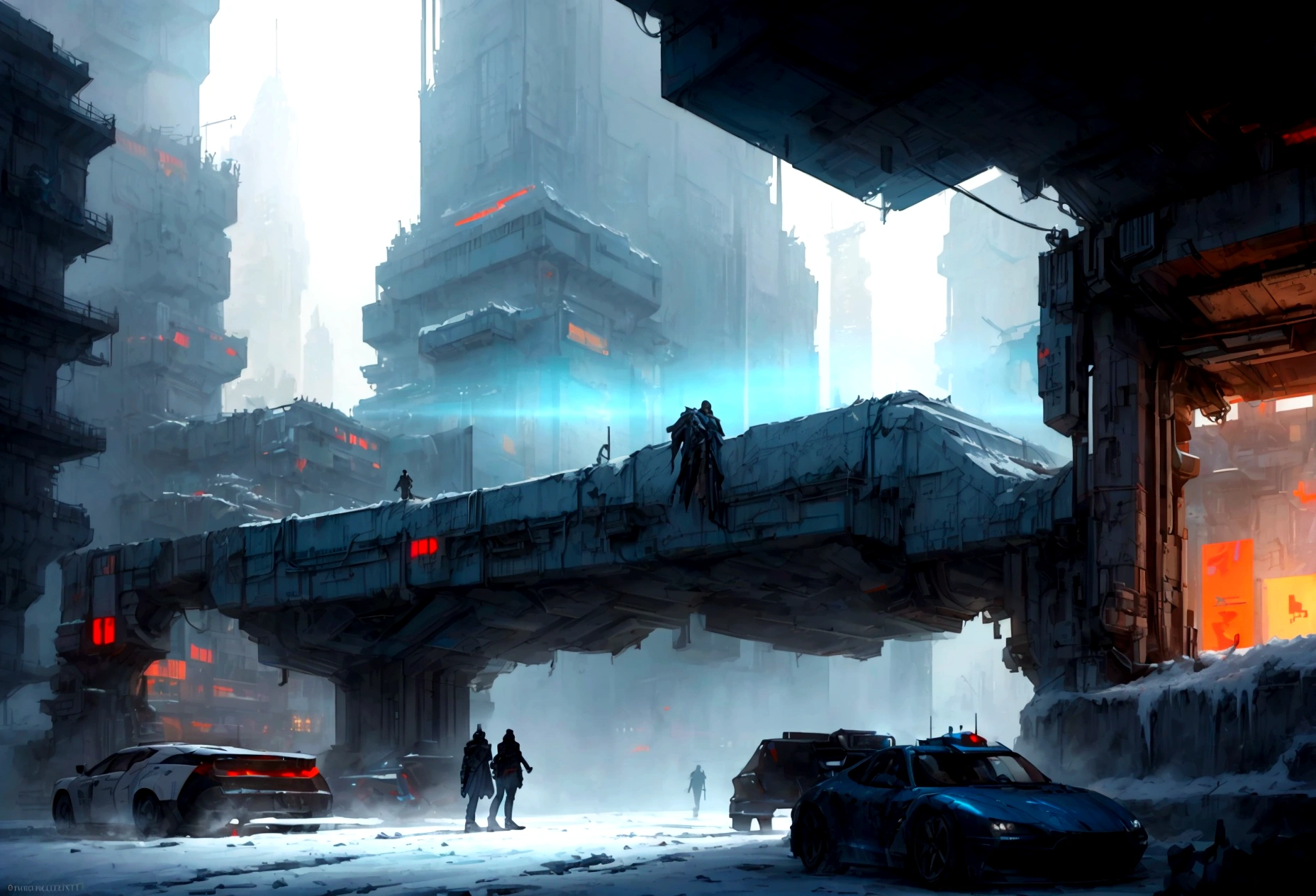Pixel art, Futuristic, landscape sidescroller, a bridge in a city, urban concept art, winter concept art, bastien grivet, concept art scene, 2d concept art, digital concept art of dystopian, ❄️ corruption conceptart, cyberpunk themed art, andreas rocha style, cold environment, detailed digital concept art, concept art style, professional concept art, cyberpunk art style