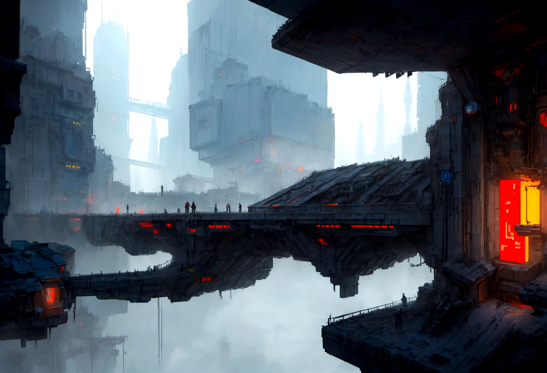 Pixel art, Futuristic, landscape sidescroller, a bridge in a city, urban concept art, winter concept art, bastien grivet, concept art scene, 2d concept art, digital concept art of dystopian, ❄️ corruption conceptart, cyberpunk themed art, andreas rocha style, cold environment, detailed digital concept art, concept art style, professional concept art, cyberpunk art style