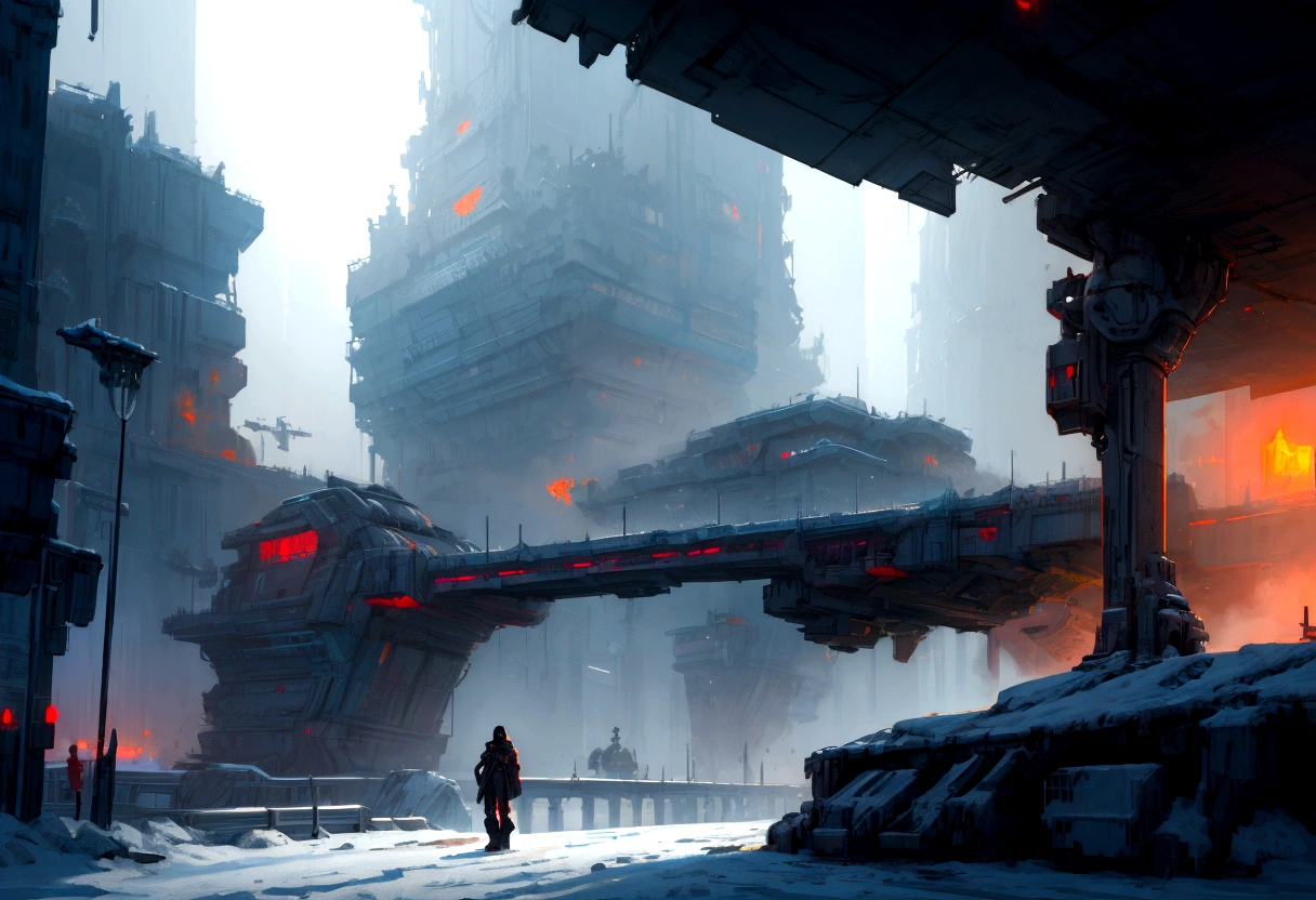 Pixel art, Futuristic, landscape sidescroller, a bridge in a city, urban concept art, winter concept art, bastien grivet, concept art scene, 2d concept art, digital concept art of dystopian, ❄️ corruption conceptart, cyberpunk themed art, andreas rocha style, cold environment, detailed digital concept art, concept art style, professional concept art, cyberpunk art style