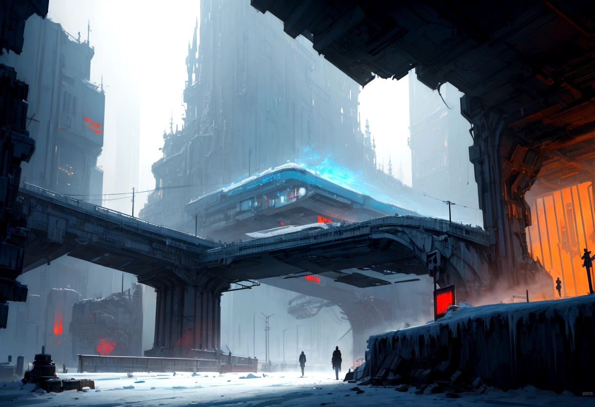 Pixel art, Futuristic, landscape sidescroller, a bridge in a city, urban concept art, winter concept art, bastien grivet, concept art scene, 2d concept art, digital concept art of dystopian, ❄️ corruption conceptart, cyberpunk themed art, andreas rocha style, cold environment, detailed digital concept art, concept art style, professional concept art, cyberpunk art style