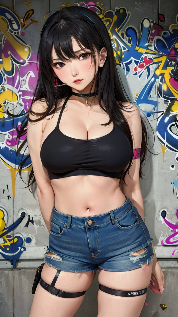 masterpiece, best quality, 1girl, solo, crop top, denim shorts, choker, (graffiti:1.5),  arms behind back, against wall, looking at viewer, armband, thigh strap, head tilt, bored, black hair, Black eyes, headset, chichi.