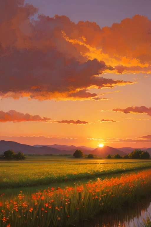 Highest quality、Landscape painting、Plains、Sunset、orange、Looking back