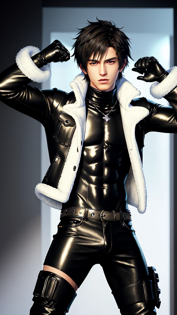 Final fantasy taste and reality graphics, Japanese young cute and cool ikemen boy, his age is early 20s, thin eyebrows and beady eyes, he wearing light brown color very thick shearling jacket, jacket is no leather material and waist length, fur color is white,
also wearing black very thick turtleneck lackluster shirts, tight black leather pants, shiny black leather tight and must put on a thin leather glove both hands, black leather knee-high raceup boots,must views head-to-toe,must views whole body, boy looks like fashion model,Do not show skin from the neck down,leather jacket leather glove and leather pants have few wrinkles,boy in the room,,Avoid showing your innerwear,