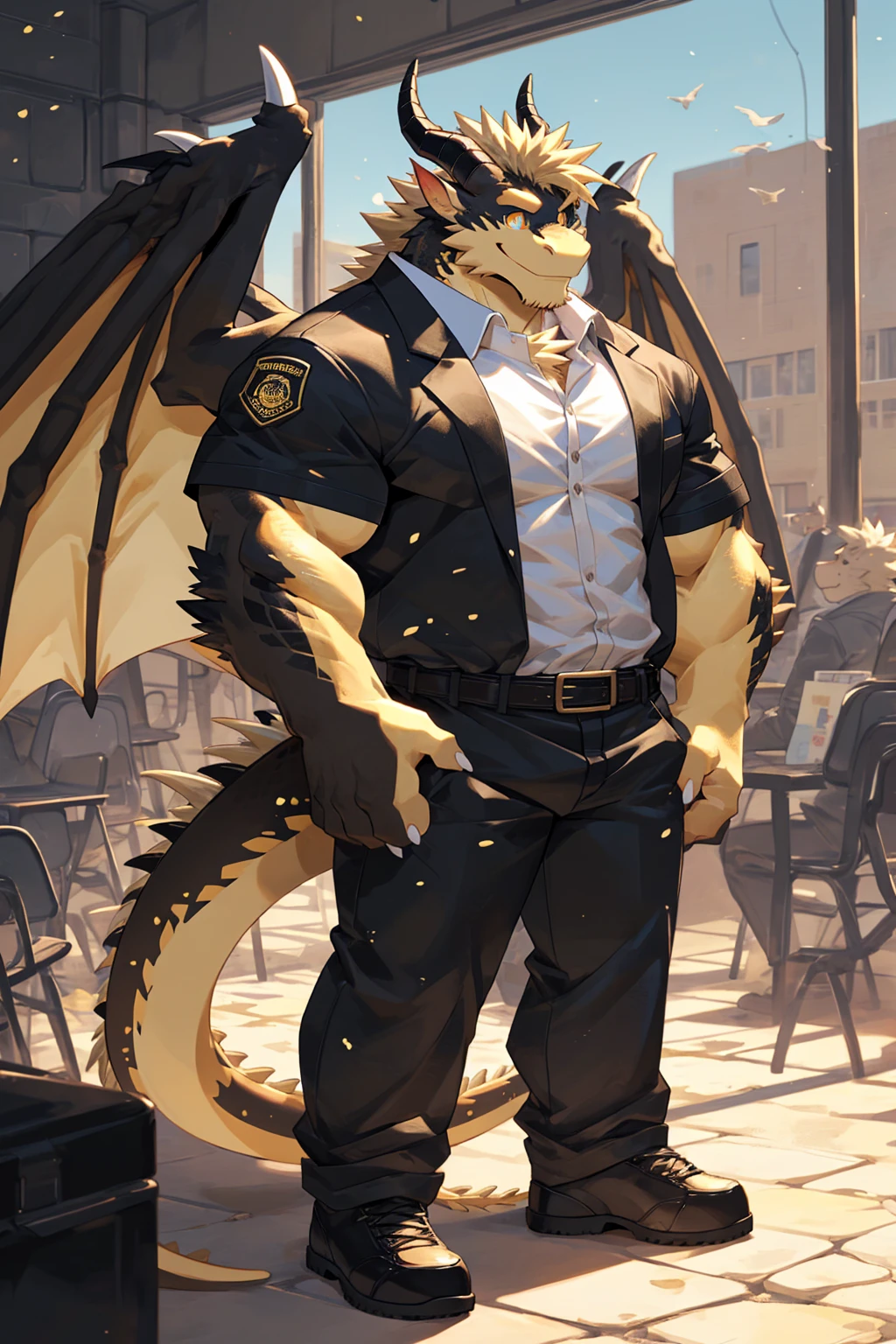 (sfw:1.5), male focus, security guard, Handsome 1boy, solitary,protrait photo, single, (White nails, White Paws:1.4), (Light blond hair:1.5), (Black and gold dragon wings, Huge black and gold dragon wings:1.3), Black and gold skin, (Black and gold tail:1.4), (Black horn, Black curved corners:1.4), (Black body:1.3), (All black:1.4), (Pale blond chin, Pale golden neck:1.4), Pale golden chest, Light blond chest hair, (perfect golden eyes:1.4), (Black scales:1.3), (Black Hands:1.3),
Western Dragon, dragon, dragon boy, dragon body, feet, (big eyes, large eyes:1.4), (Chubby face, The body is huge, Larger face:1.3),
(Black short sleeve, White short-sleeved shirt, Black pants, Black short shoes, Black leather belt:1.4),
(full body:1.3), (Mature men:1.4), (Strong body, muscle,Strong male:1.3), (Thick arms:1.3), (Standing:1.4), (Looking at the audience, Focus, Eyes gaze:1.2), (Smile:1.4),
full background,ground, Blue sky, White Cloud, ground, School, School大门, security guard亭,
, Mysterious and romantic atmosphere, Caustic lines(refraction, polarization)Perfect anatomical structure, absurd, Detailed background, (Delicate eyes:1.3),Printing style。((artist:Takemoto Arashi))