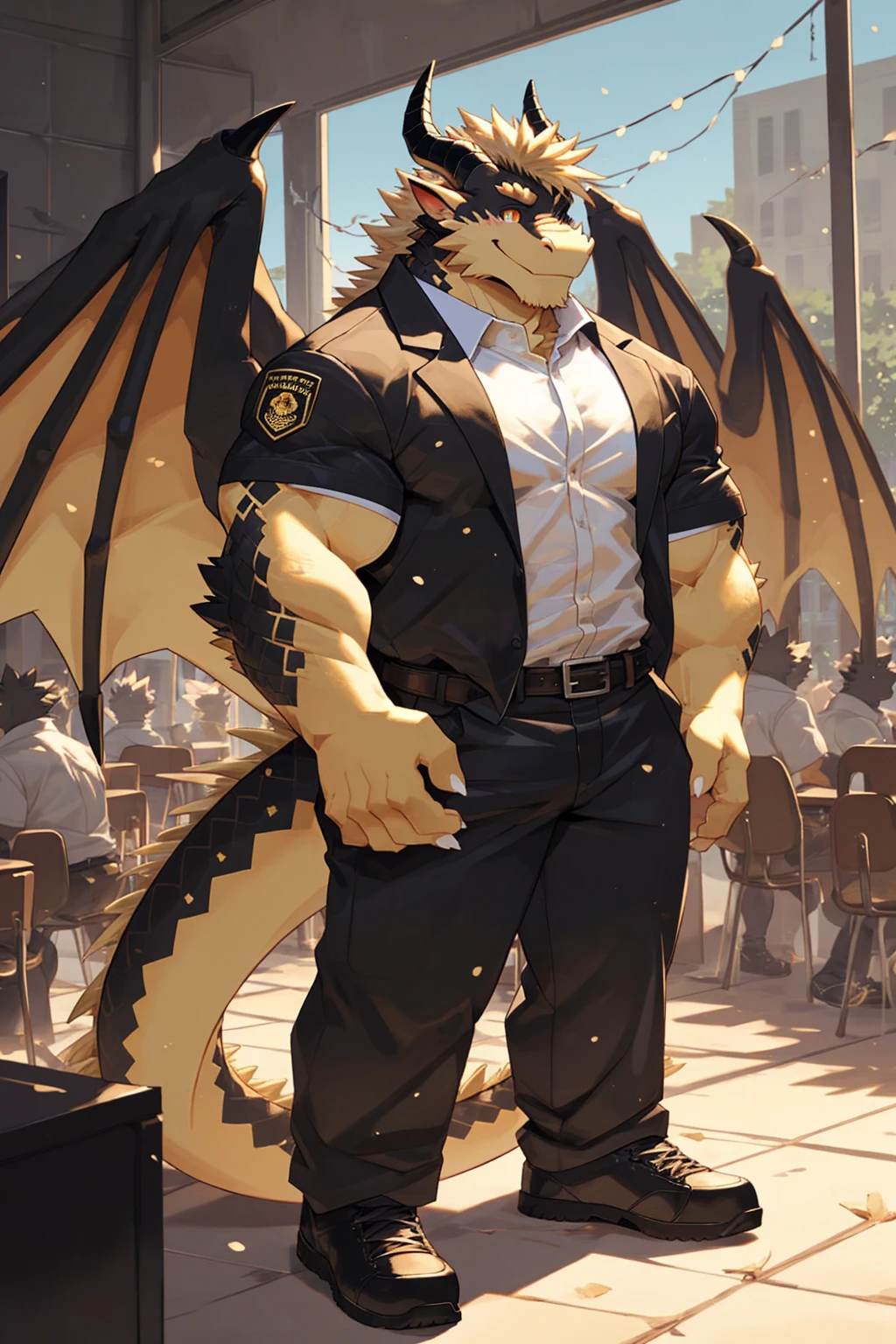 (sfw:1.5), male focus, security guard, Handsome 1boy, solitary,protrait photo, single, (White nails, White Paws:1.4), (Light blond hair:1.5), (Black and gold dragon wings, Huge black and gold dragon wings:1.3), Black and gold skin, (Black and gold tail:1.4), (Black horn, Black curved corners:1.4), (Black body:1.3), (All black:1.4), (Pale blond chin, Pale golden neck:1.4), Pale golden chest, Light blond chest hair, (perfect golden eyes:1.4), (Black scales:1.3), (Black Hands:1.3),
Western Dragon, dragon, dragon boy, dragon body, feet, (big eyes, large eyes:1.4), (Chubby face, The body is huge, Larger face:1.3),
(Black short sleeve, White short-sleeved shirt, Black pants, Black short shoes, Black leather belt:1.4),
(full body:1.3), (Mature men:1.4), (Strong body, muscle,Strong male:1.3), (Thick arms:1.3), (Standing:1.4), (Looking at the audience, Focus, Eyes gaze:1.2), (Smile:1.4),
full background,ground, Blue sky, White Cloud, ground, School, School大门, security guard亭,
, Mysterious and romantic atmosphere, Caustic lines(refraction, polarization)Perfect anatomical structure, absurd, Detailed background, (Delicate eyes:1.3),Printing style。((artist:Takemoto Arashi))