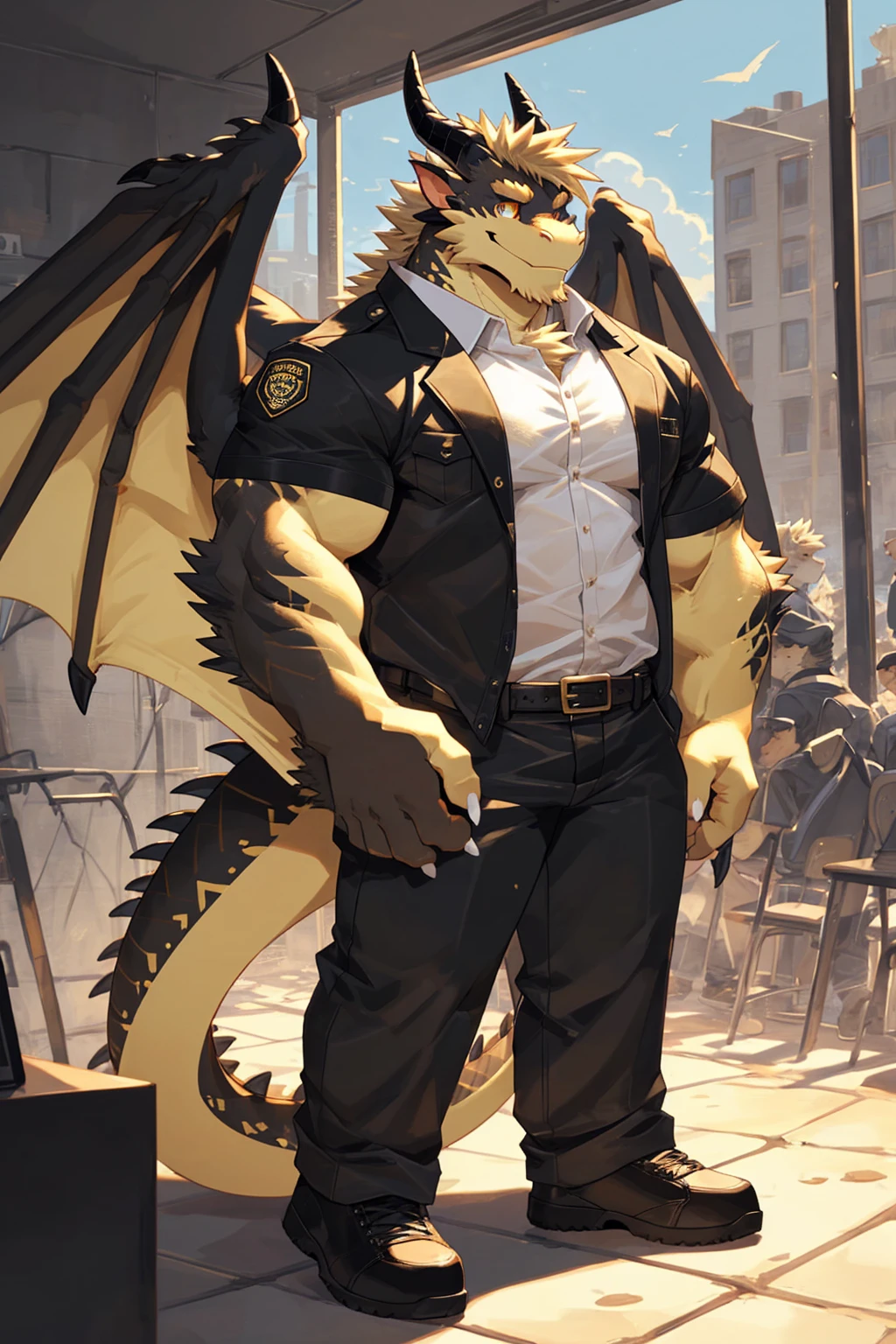 (sfw:1.5), male focus, security guard, Handsome 1boy, solitary,protrait photo, single, (White nails, White Paws:1.4), (Light blond hair:1.5), (Black and gold dragon wings, Huge black and gold dragon wings:1.3), Black and gold skin, (Black and gold tail:1.4), (Black horn, Black curved corners:1.4), (Black body:1.3), (All black:1.4), (Pale blond chin, Pale golden neck:1.4), Pale golden chest, Light blond chest hair, (perfect golden eyes:1.4), (Black scales:1.3), (Black Hands:1.3),
Western Dragon, dragon, dragon boy, dragon body, feet, (big eyes, large eyes:1.4), (Chubby face, The body is huge, Larger face:1.3),
(Black short sleeve, White short-sleeved shirt, Black pants, Black short shoes, Black leather belt:1.4),
(full body:1.3), (Mature men:1.4), (Strong body, muscle,Strong male:1.3), (Thick arms:1.3), (Standing:1.4), (Looking at the audience, Focus, Eyes gaze:1.2), (Smile:1.4),
full background,ground, Blue sky, White Cloud, ground, School, School大门, security guard亭,
, Mysterious and romantic atmosphere, Caustic lines(refraction, polarization)Perfect anatomical structure, absurd, Detailed background, (Delicate eyes:1.3),Printing style。((artist:Takemoto Arashi))