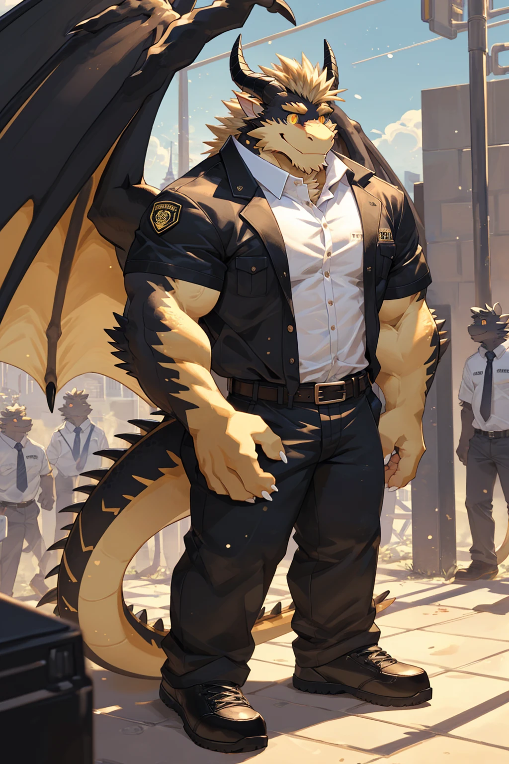 (sfw:1.5), male focus, security guard, Handsome 1boy, solitary,protrait photo, single, (White nails, White Paws:1.4), (Light blond hair:1.5), (Black and gold dragon wings, Huge black and gold dragon wings:1.3), Black and gold skin, (Black and gold tail:1.4), (Black horn, Black curved corners:1.4), (Black body:1.3), (All black:1.4), (Pale blond chin, Pale golden neck:1.4), Pale golden chest, Light blond chest hair, (perfect golden eyes:1.4), (Black scales:1.3), (Black Hands:1.3),
Western Dragon, dragon, dragon boy, dragon body, feet, (big eyes, large eyes:1.4), (Chubby face, The body is huge, Larger face:1.3),
(Black short sleeve, White short-sleeved shirt, Black pants, Black short shoes, Black leather belt:1.4),
(full body:1.3), (Mature men:1.4), (Strong body, muscle,Strong male:1.3), (Thick arms:1.3), (Standing:1.4), (Looking at the audience, Focus, Eyes gaze:1.2), (Smile:1.4),
full background,ground, Blue sky, White Cloud, ground, School, School大门, security guard亭,
, Mysterious and romantic atmosphere, Caustic lines(refraction, polarization)Perfect anatomical structure, absurd, Detailed background, (Delicate eyes:1.3),Printing style。((artist:Takemoto Arashi))