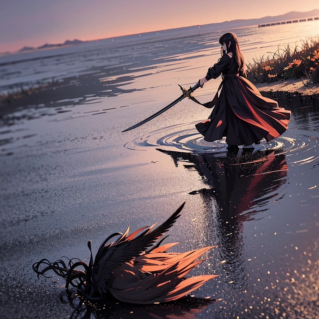 1 dark angel dancing on the lake, flowers and sword, splashed water, dimaond, smoke, lolita long dress, rage, bloody, 8k, hd, unreal engine, dreamy, romantic