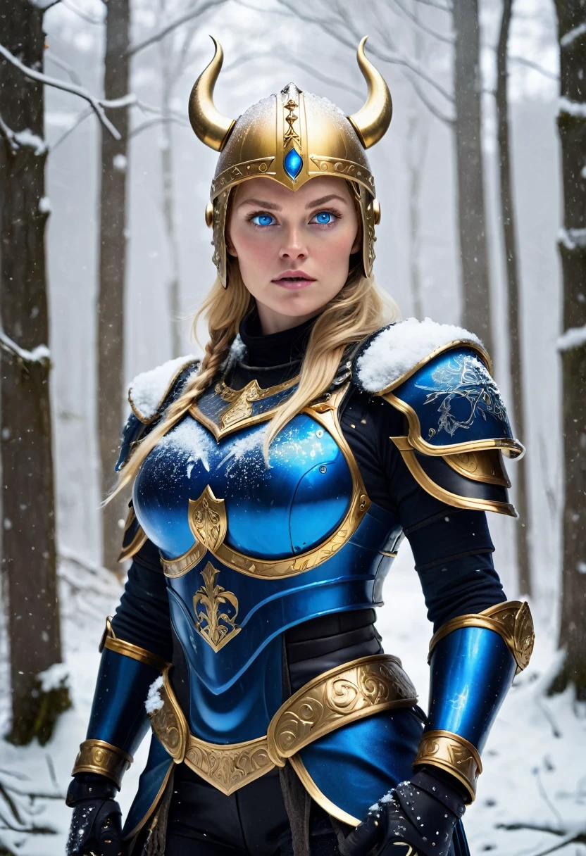 A blonde woman, (glowing blue eyes),  she wears (shiny dark blue armor) with gold trim, reflective surface, intricate details, Viking helmet covers her head, boob window. Stern expression, fists clenched by her sides. (detailed hands and fingers, gold gauntlet). show her walking through a snowy forest, slowly falling snow flakes