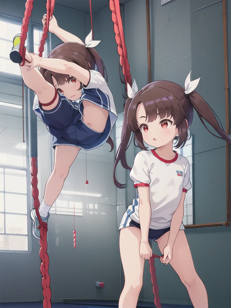 1girl,White gym clothes,Red eyes,Long twin tails,Brown Hair,Eyebrows visible through hair,Flat Chest,Rope climbing,