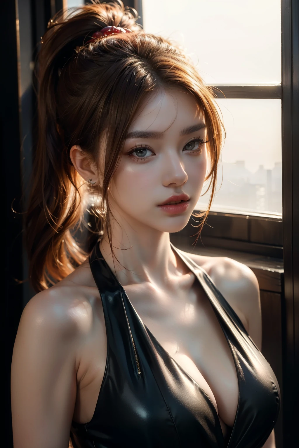 ((Masterpiece, Highest quality, Highest picture quality, high resolution, realistic, raw image, 8K)), ultra wide angle, long hair girl, red hair, high ponytail, 3d, Image of a beautiful cyberpunk woman., With bright colors and sharp focus. The overall lighting captures the essence of the film's concept art.,