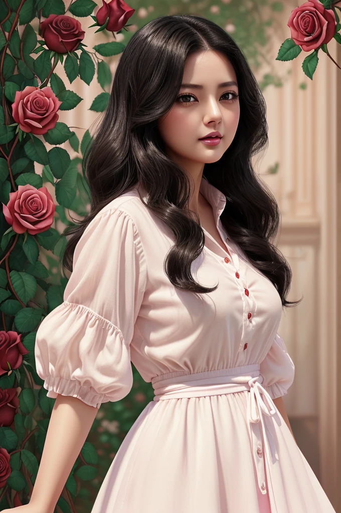 (Young woman, thirty years old, chubby, waist-length, medium-wavy black hair, light brown eyes, white skin, natural pink lips, long eyelashes, castle and roses background, red dress with white shirt inside, oil painting) (so dark aura) (manhwa digital art style)