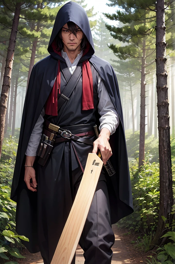 There is a man walking through a forest, He carries a katana, Wearing a hooded cloak. (Assassin) (Solo)