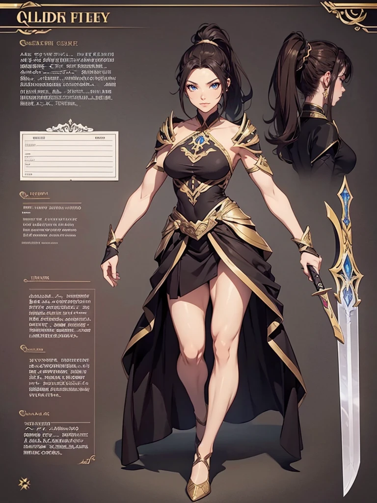 Muscular female, full body, ponytail, makeup , best quality, blade dancer, sect princess, cultivator, floating swords, full body, character sheet, elegent clothing, flowing clothing 