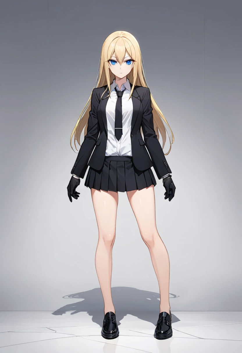 Black miniskirt , black shoes , white dress shirt , face , assassin , black shorts blazer , black long tie , whole body , bare legs , thighs , whole body , pleated skirt , Black gloves , standing posture , blonde hair , blue eyes , straight hair