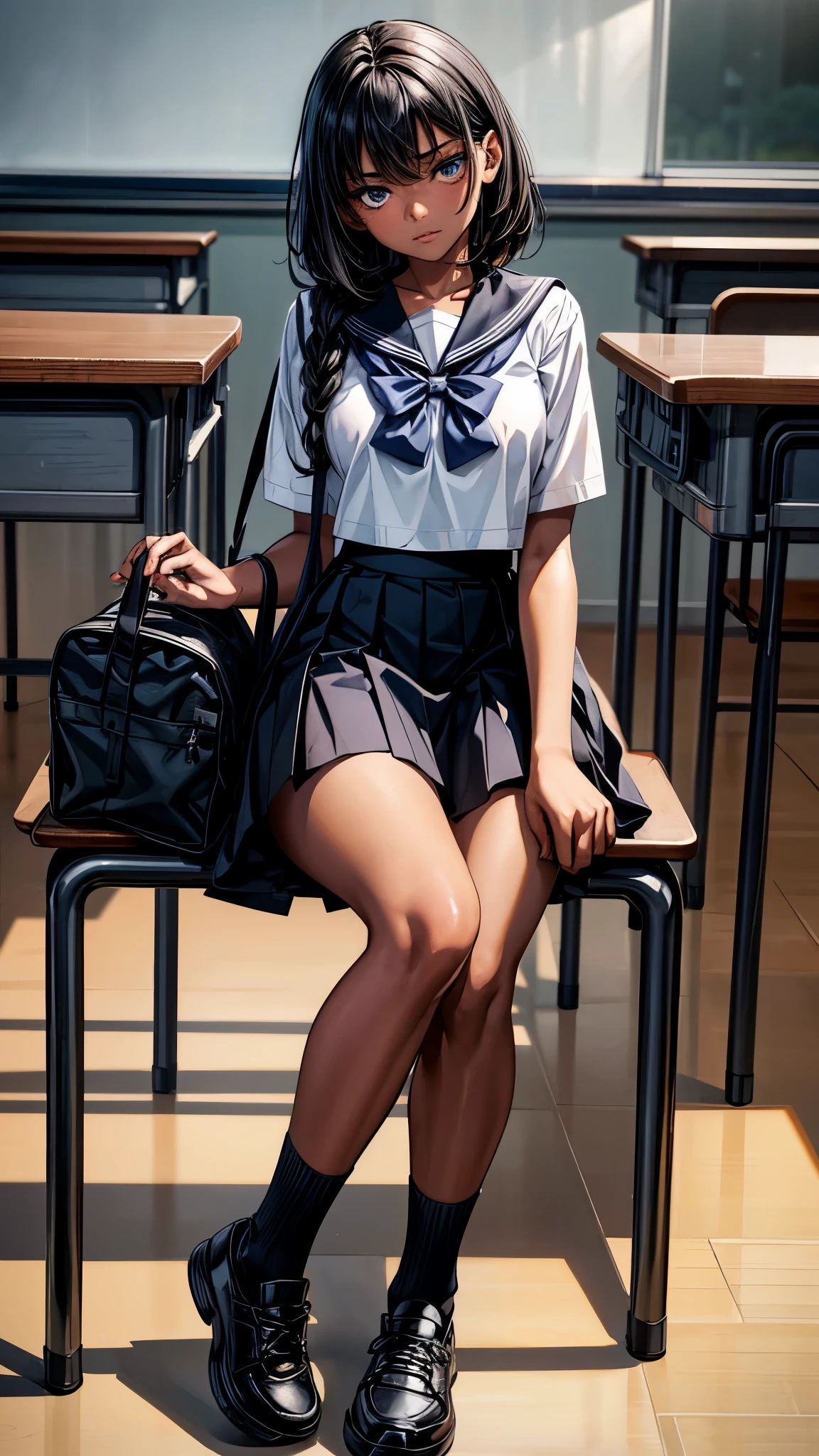 beautiful detailed eyes, beautiful detailed lips, extremely detailed eyes and face, longeyelashes, 1 girl, face close up, inside the school, inside the classroom, 16 years old, sweat, dark skin color, (very short black hair),displeased, sulky, sailor suit, dark blue color, white shirts, short sleeve, school, dark blue skirt, black skirt, high socks, sneaker, school bag, best quality, 4k, 8k, highres, masterpiece:1.2, ultra-detailed, realistic, photorealistic, photo-realistic:1.37, HDR, UHD, studio lighting, ultra-fine painting, sharp focus, physically-based rendering, extreme detail description, professional, vivid colors, bokeh, portraits