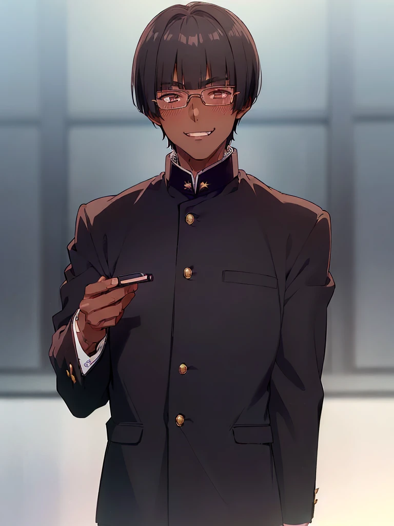 (1 boy solo:1.4),(dark skin:1.5) ,20 years old, (black hair:1.3), (glasses:1.4), , (straight hair:1.5), (evil smile:1.2) ,long sidelocks, (blush:1.3),(gakuran:1.5),(very short pixie cut:1.4),(blunt bangs:1.4), (greaming skin:1.3)