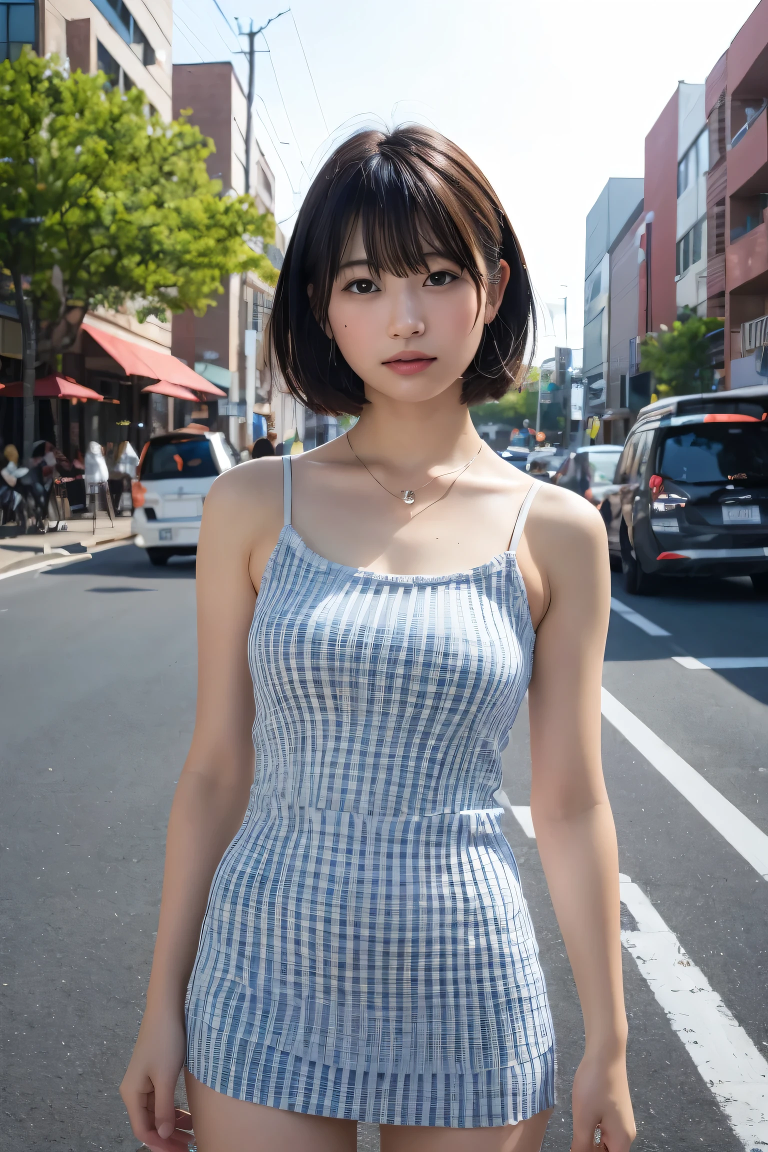((8K:1.27)、Highest quality、masterpiece、Ultra-high resolution:1.2)Beautiful Japanese Women Photos(fun:1.1) grayス、There are good ones、Gradient lighting、One Girl、Delicate skin、Look at this、Brown eyes、(Short hair with bangs:1.2)、(middle breast wheel:0.8)、(Realistic:1.4)、(Highest quality:1.0)、(Ultra-high resolution:1.0)、8K、Original photo、(masterpiece:0.2)、(Pure love face_v1:0.5)、 結び目のあるショルダーPlaidのドレス、Spaghetti Straps、Spaghetti Straps、Plaid、Super mini length、Multicolor、gray、No sleeve、Round neck、What can I do for you?、Staring at this、Omotesando in the morning、street tree、Stylish city views、theme、Tilt、Look at this、lol、Futomo、Slightly thicker、Big Ass、necklace、SLR、Morning light、The morning sun is dazzling、