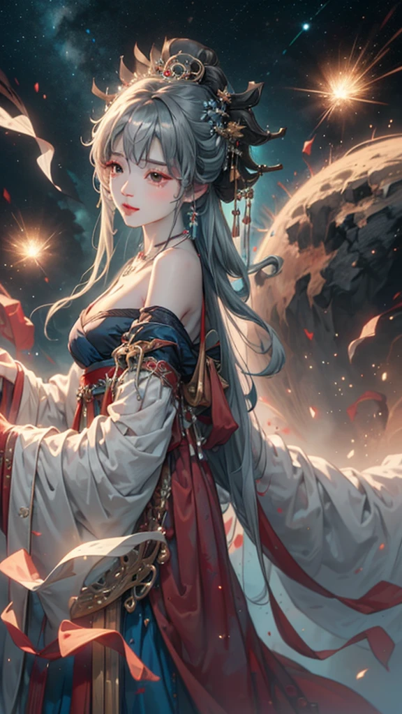 (masterpiece:1.5, Highest quality, Very detailed、 Dutch Angle、Semi-realistic、Fantasy)(One Girl, alone)(Silver Hair:1.6,,Straight Long Hair)(Wearing Han clothes, Royalty、Blue and Yellow Hanfu:1.5,Thick fabric,Long sleeve)、((Off the shoulder、medium breasts, Beautiful cleavage、ruby ​​necklace))(from backside),(Beautiful starry sky、Mystical Night、Particles of light float around the woman、Fantastic space)
