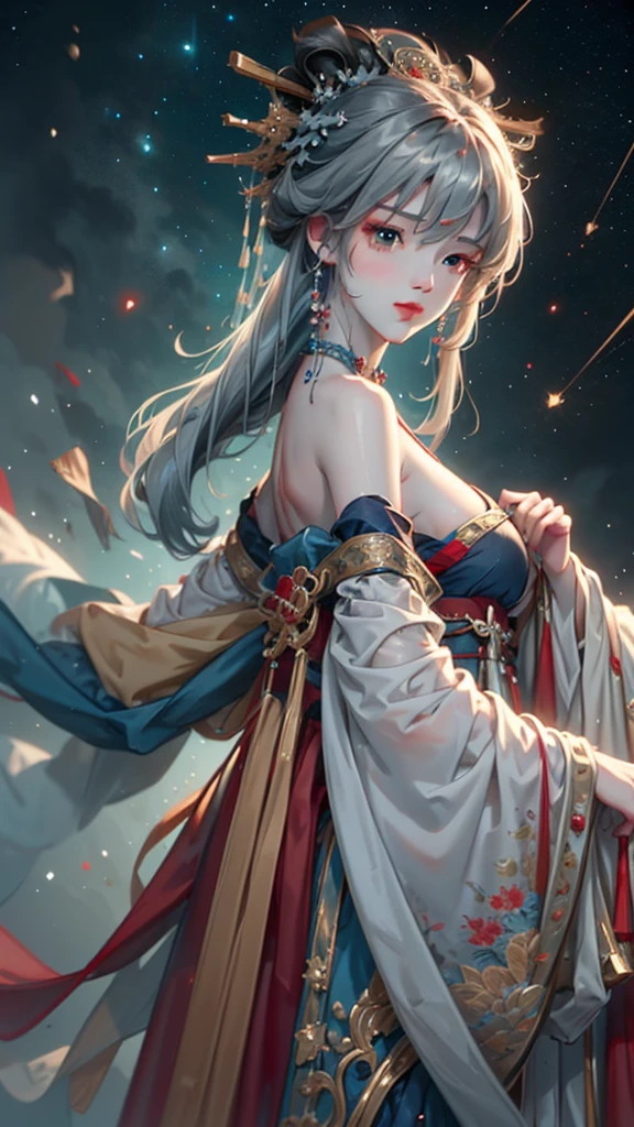 (masterpiece:1.5, Highest quality, Very detailed、 Dutch Angle、Semi-realistic、Fantasy)(One Girl, alone)(Silver Hair:1.6,,Straight Long Hair)(Wearing Han clothes, Royalty、Blue and Yellow Hanfu:1.5,Thick fabric,Long sleeve)、((Off the shoulder、medium breasts, Beautiful cleavage、ruby ​​necklace))(from backside),(Beautiful starry sky、Mystical Night、Particles of light float around the woman、Fantastic space)
