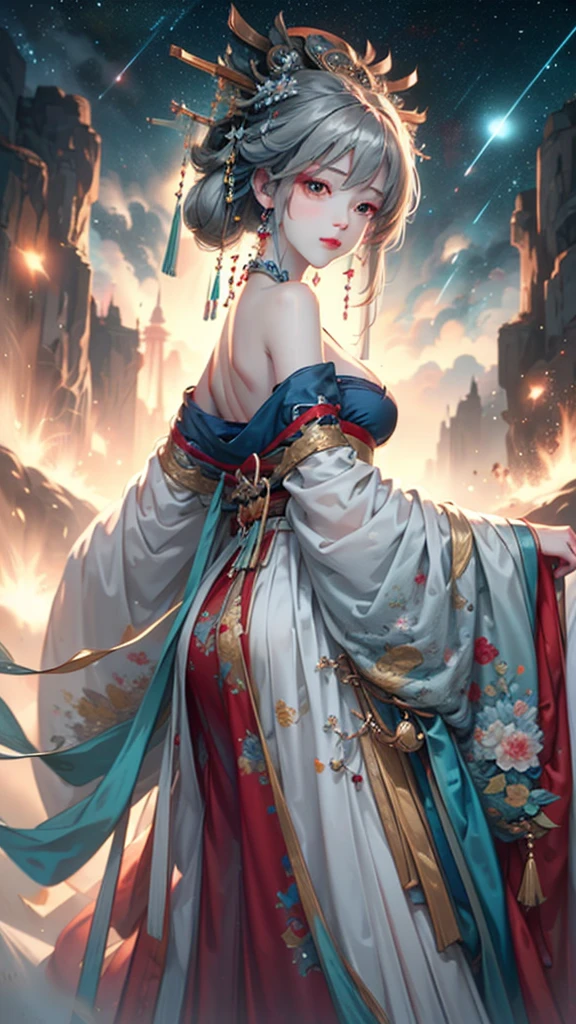 (masterpiece:1.5, Highest quality, Very detailed、 Dutch Angle、Semi-realistic、Fantasy)(One Girl, alone)(Silver Hair:1.6,,Straight Long Hair)(Wearing Han clothes, Royalty、Blue and Yellow Hanfu:1.5,Thick fabric,Long sleeve)、((Off the shoulder、medium breasts, Beautiful cleavage、ruby ​​necklace))(from backside),(Beautiful starry sky、Mystical Night、Particles of light float around the woman、Fantastic space)
