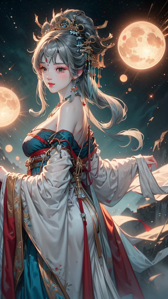 (masterpiece:1.5, Highest quality, Very detailed、 Dutch Angle、Semi-realistic、Fantasy)(One Girl, alone)(Silver Hair:1.6,,Straight Long Hair)(Wearing Han clothes, Royalty、Blue and Yellow Hanfu:1.5,Thick fabric,Long sleeve)、((Off the shoulder、medium breasts, Beautiful cleavage、ruby necklace))(from backside),(Beautiful starry sky、Mystical Night、Particles of light float around the woman、Fantastic space)