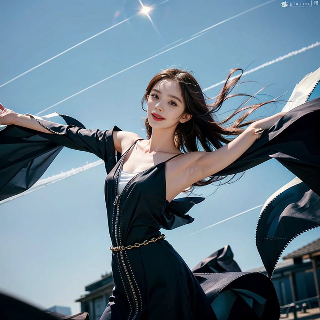 (Best quality, masterpiece,RAW photo:1.2),finely detailed,(Realistic, photorealistic:1.2),1girl,Summer fashion clothing,upper body,Bare shoulders, fair skin,smile,looking at the viewer,outdoors,simple background,Studio lighting