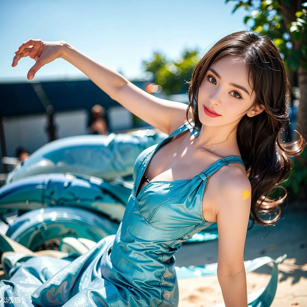 (Best quality, masterpiece,RAW photo:1.2),finely detailed,(Realistic, photorealistic:1.2),1girl,Summer fashion clothing,upper body,Bare shoulders, fair skin,smile,looking at the viewer,outdoors,simple background,Studio lighting