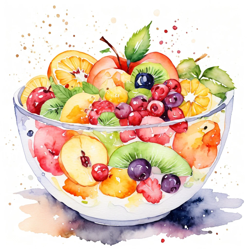 a painting of a bowl of delicious fruit salad , ((watercolor)), solid white background, center composition, negative space around the object, washed out natural color, detailed masterpiece, clipart, natural color, cinematic, vector illustration