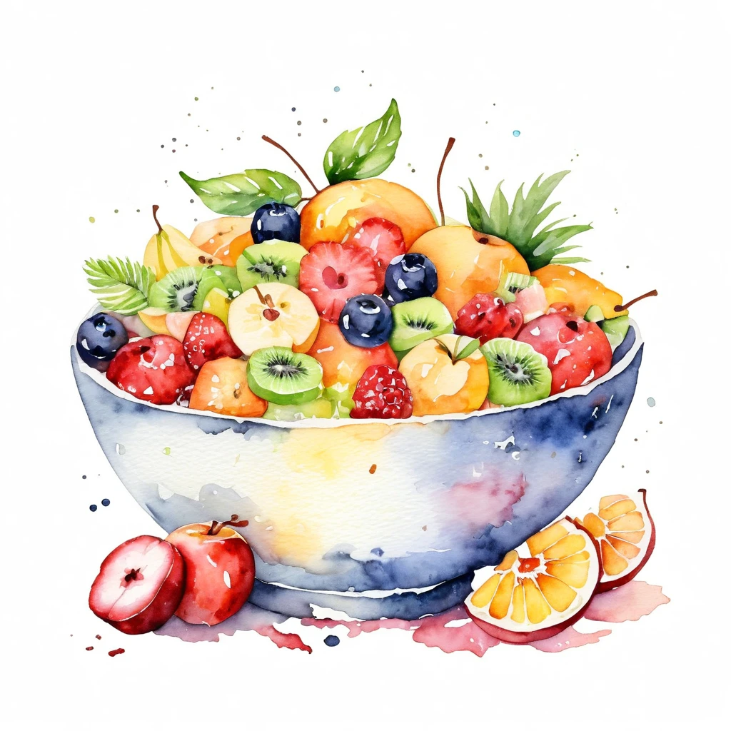 a painting of a bowl of delicious fruit salad , ((watercolor)), solid white background, center composition, negative space around the object, washed out natural color, detailed masterpiece, clipart, natural color, cinematic, vector illustration