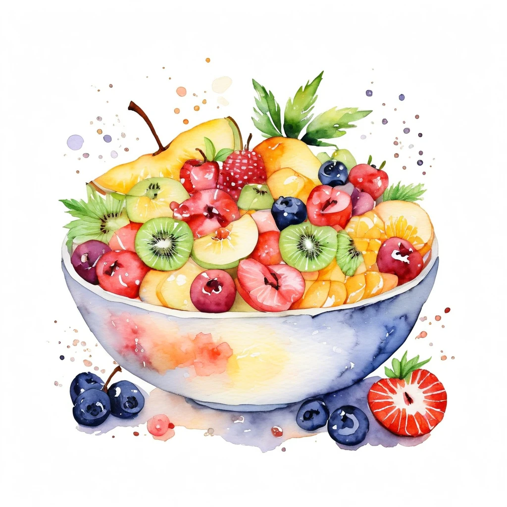 a painting of a bowl of delicious fruit salad , ((watercolor)), solid white background, center composition, negative space around the object, washed out natural color, detailed masterpiece, clipart, natural color, cinematic, vector illustration