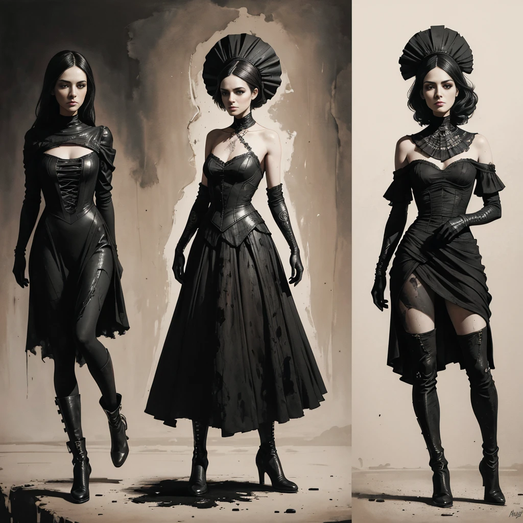 Anthropomorphic women stand modestly with, bright boots, expressive round eyes, Nicola Samori style meets pin-up art, black backdrop complements thin necks and full figures, complex detailing, contrasting colors, intricate patterns for depth, enhanced by backlighting, fine ink rendering, dry watercolor effects, sharp contours, surreal digital painting.