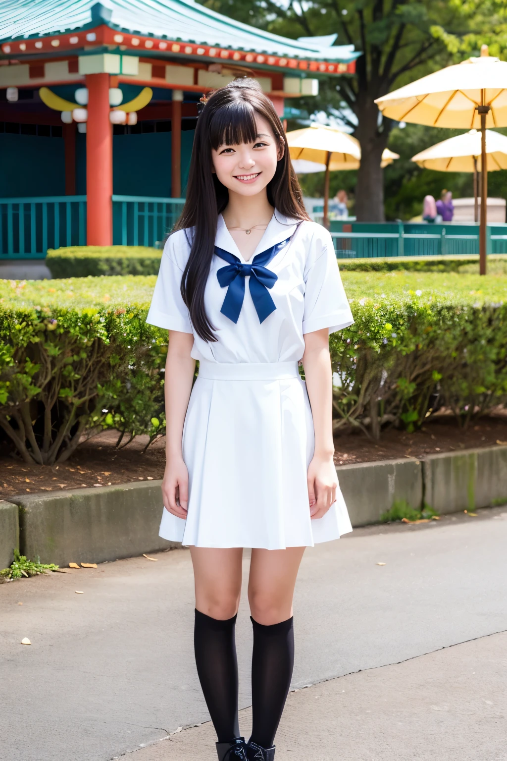 A Japanese high school girl standing in an empty amusement park、Cute face、Long black hair、Cute clothes、Smiling、Full body portrait