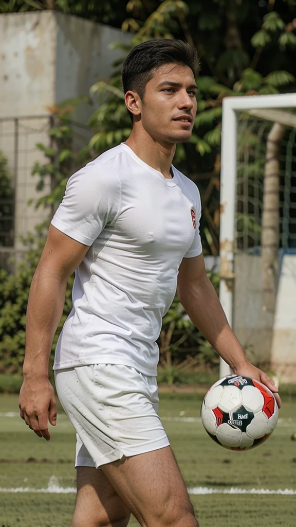 The guy is playing football, 25 years, Peruvian nationality, with a slight smile on his face, face turned to the side, full length, scores a goal, wearing a white T-shirt and white shorts, Great quality, athletic build, high detail, Profile view