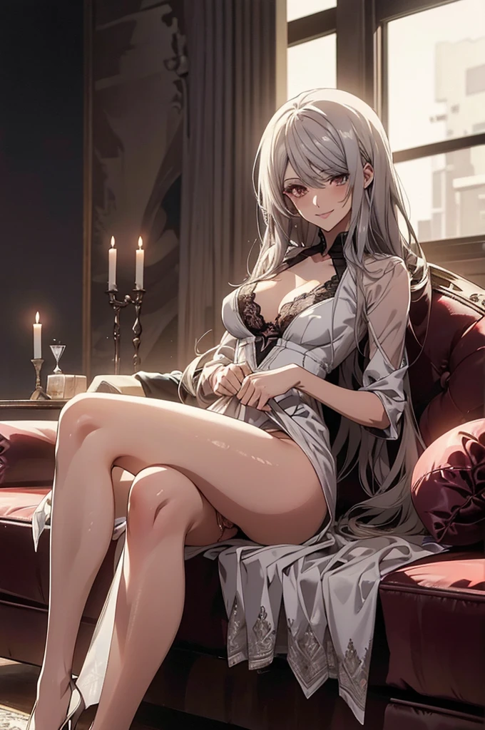 ass pov, (Highest quality, High resolution, Very detailed), 1 female, Silver Hair, Long Hair, Reddish brown eyes, micro mini lace dress, Nude, pussy, vaginale, ((pussy juice)), secretary, 24th generation, Beautiful woman, mature, quiet, Calm, Large Breasts, A small smile, sofa, sitting, spread legs,