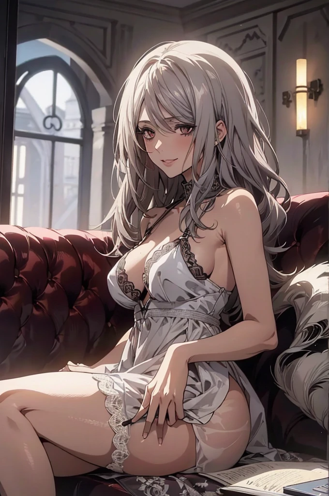 pov, (Highest quality, High resolution, Very detailed), 1 female, Silver Hair, Long Hair, Reddish brown eyes, micro mini lace dress, Nudussy, ale, ((juice)), secy, 24th generation, Beautiful woman, mature, quiet, Calm, Laeasts, A small smile, sofa,g, spread legs,