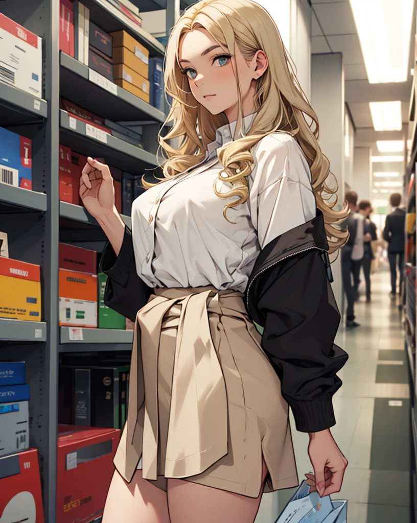 A girl. safe office outfit, can see from the waist up, Long curly hair, light blond hair, neutral, neutral face,