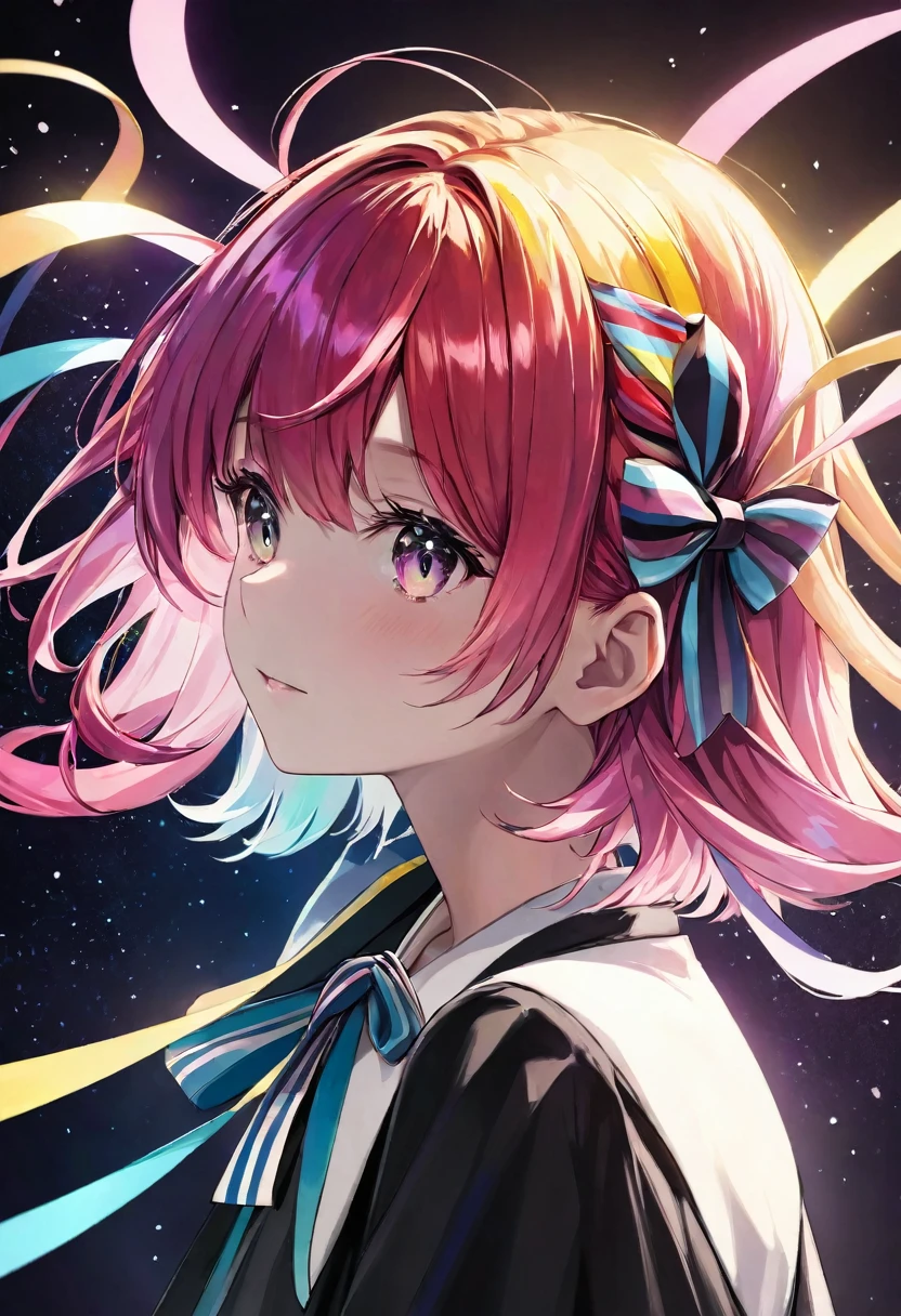 Multicolored Hair, Hair Ribbon, Surrealism, Cinema Lighting, close, Ultra-high resolution, Attention to detail, masterpiece