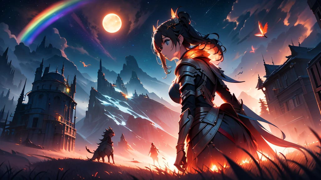 Vast landscape photography, (View from below, There is a sky above、Below is a wide field), Men and women around a campfire, (full moon: 1.2), (meteor: 0.9), (nebula: 1.3), Distant Mountain々 , wood々destroys art, (Warm Light: 1.2), (fire Fly: 1.2), Light, Lots of purple and orange, Intricate details, Volumetric lighting, Realism BREAK (masterpiece: 1.2), (Highest quality), 4K, Super detailed, (Dynamic configuration: 1.4), Very detailed, Colorful details, (Rainbow colors: 1.2), (Glow Lighting, Atmospheric lighting), dream-like, Magic, (alone: 1.2)
